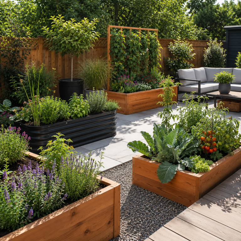 Backyard planter box ideas with wood, metal, raised, and trellis planters.