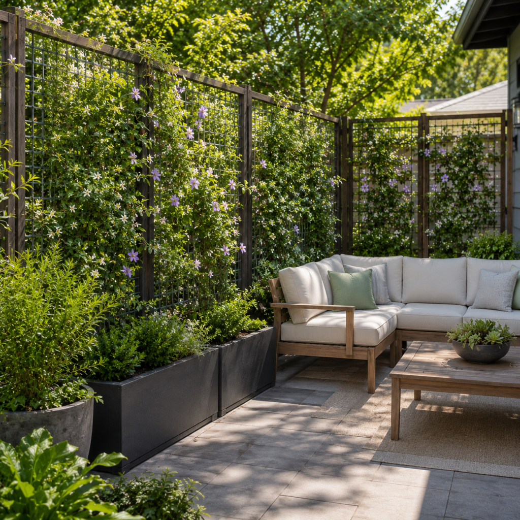 Backyard planter box with trellis for patio privacy.