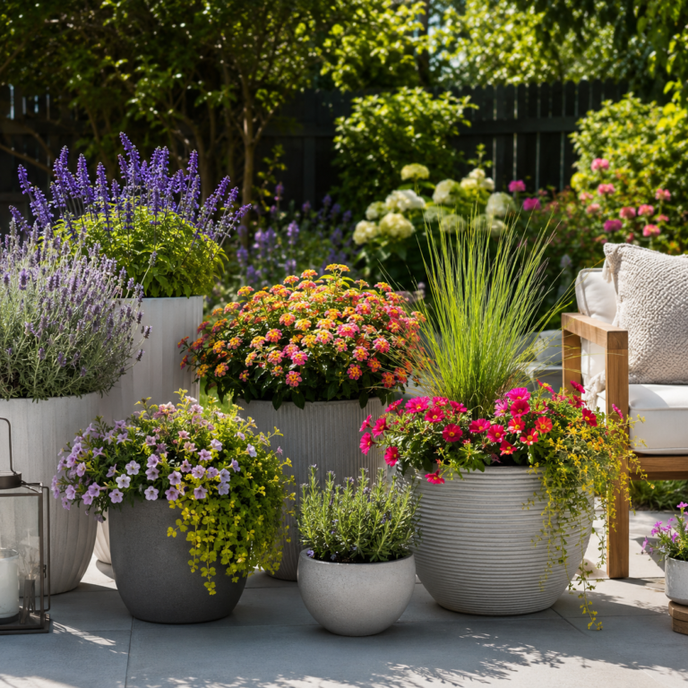 Outdoor plants for pots in full sun on a sunny patio.