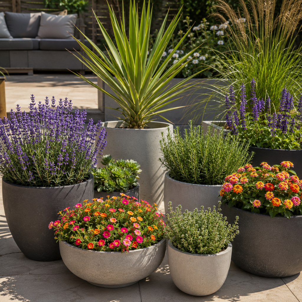 Low maintenance full sun plants for outdoor pots.