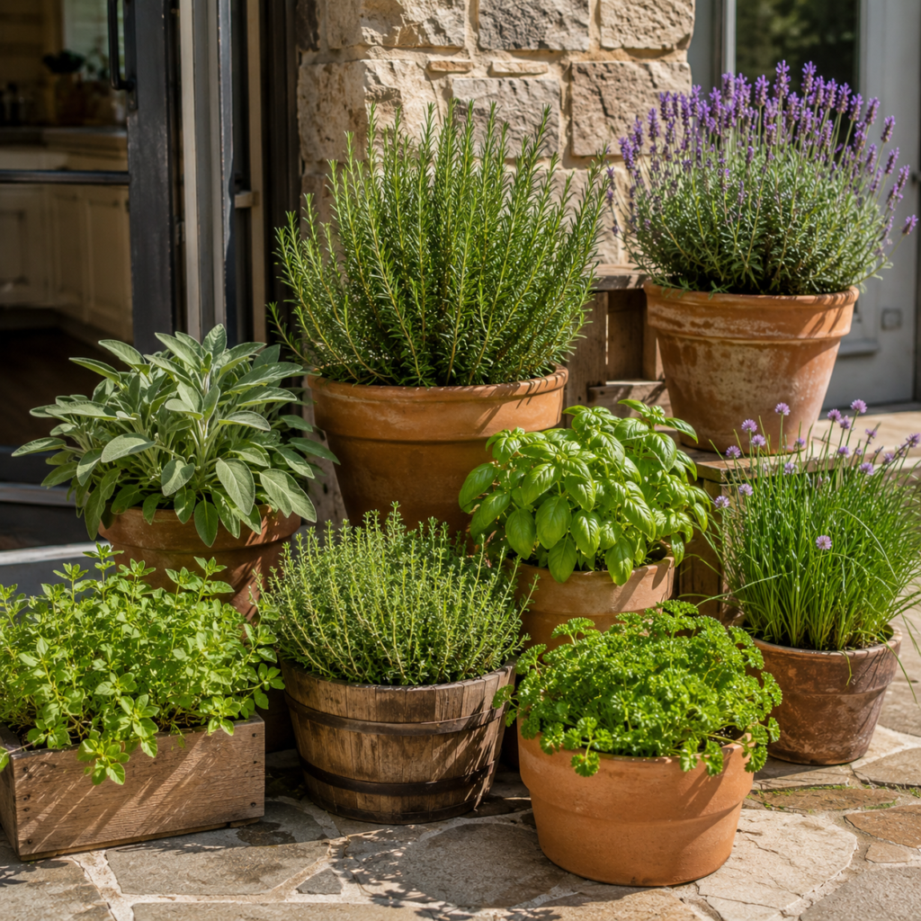 Herbs growing in pots in full sun.