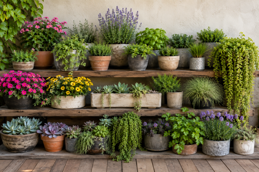 Wall Planter Ideas: Plant collection featuring flowers, herbs, succulents, and trailing plants in decorative containers.