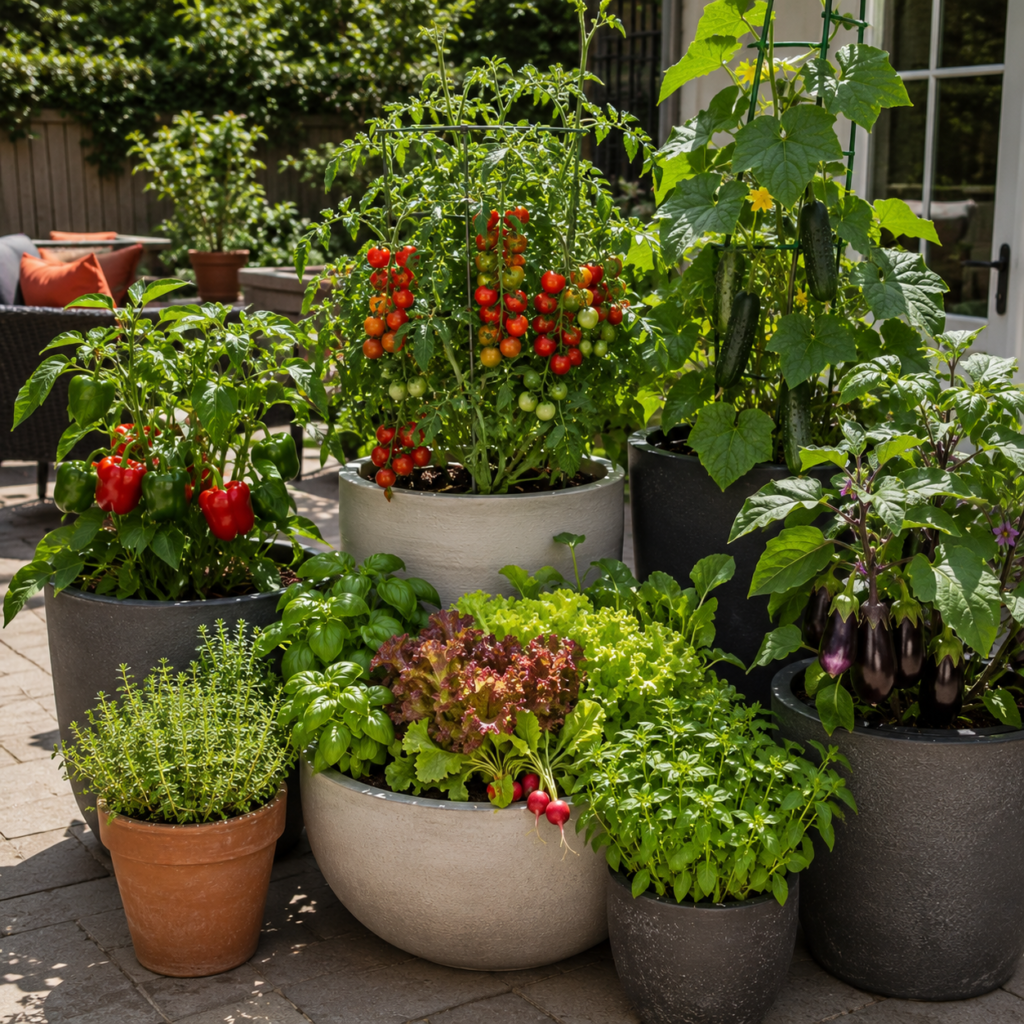 Vegetables growing in full sun containers.