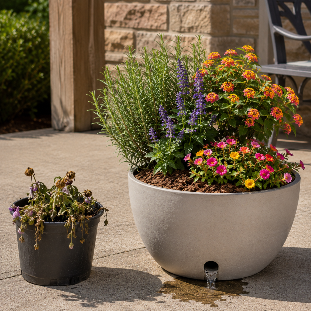 Healthy and wilted plants in full sun pots.