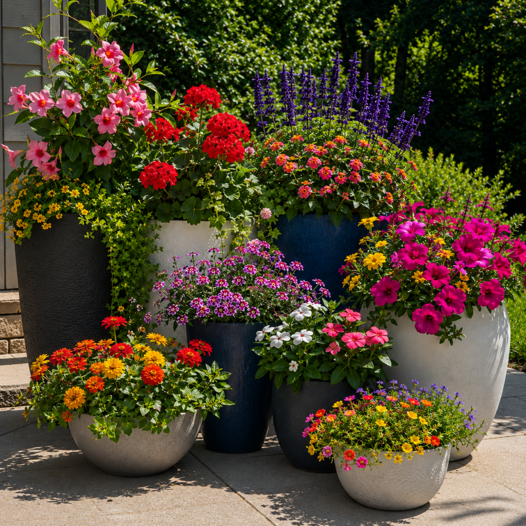 Full sun flowers growing in colorful patio pots.