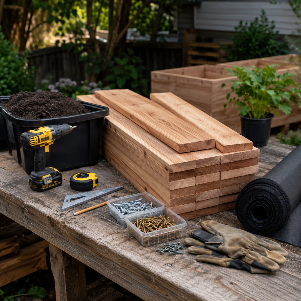 Tools and materials for building a DIY planter box.