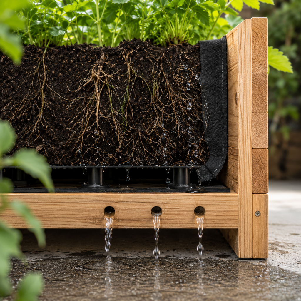 Proper drainage setup for a DIY planter box.