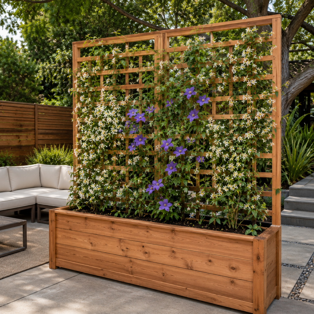 DIY trellis planter box for privacy and climbing plants.