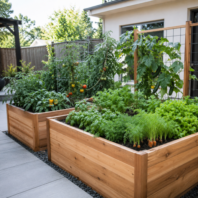 Vegetable planter boxes filled with tomatoes, peppers, lettuce, herbs, and cucumbers.