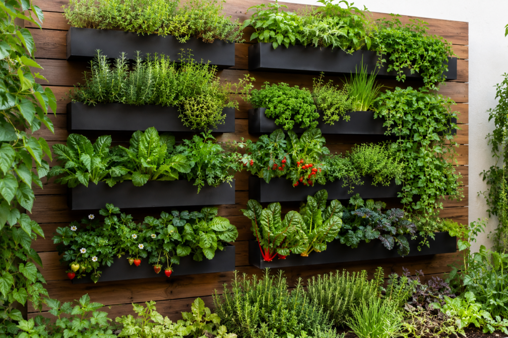 Wall Planter Ideas: Edible wall garden with herbs, leafy greens, and vegetables growing in a vertical planter system.