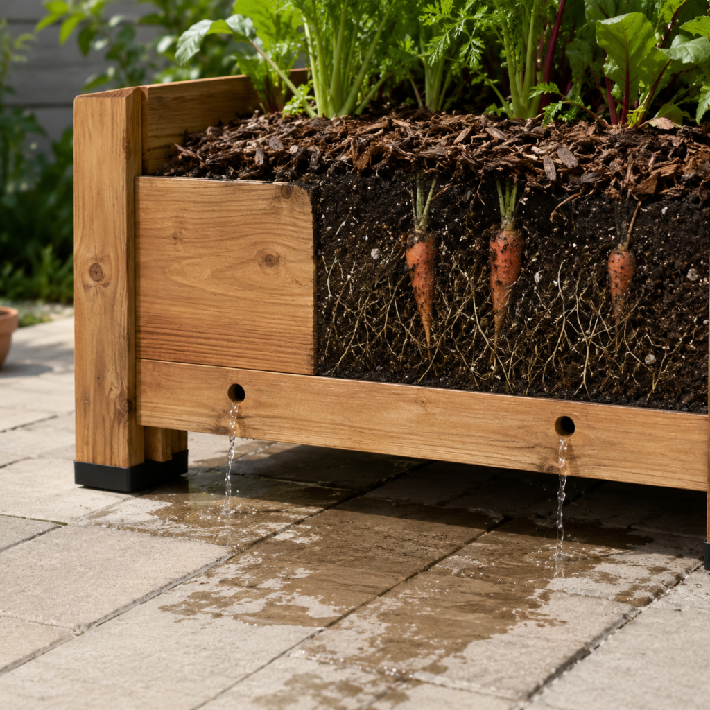 Vegetable planter box drainage setup with holes, raised feet, soil, and healthy roots.