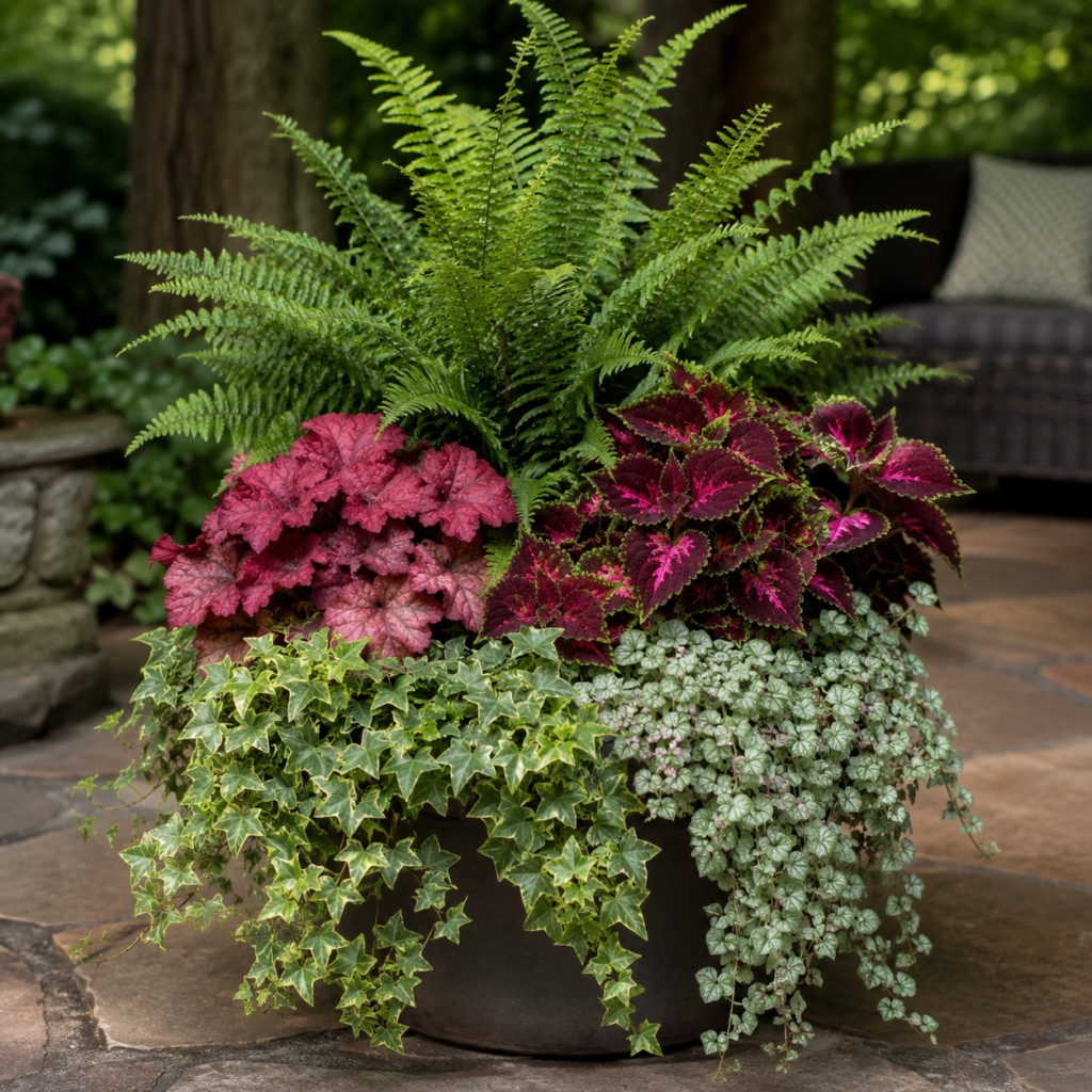 Layered shade planter with fern, coleus, and ivy.