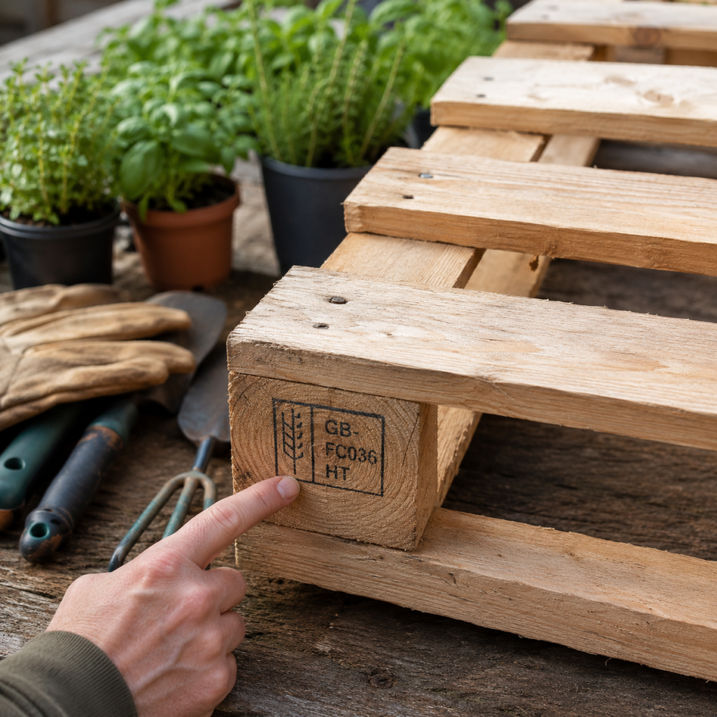 Gardener checking pallet stamp before using pallet wood for a planter.