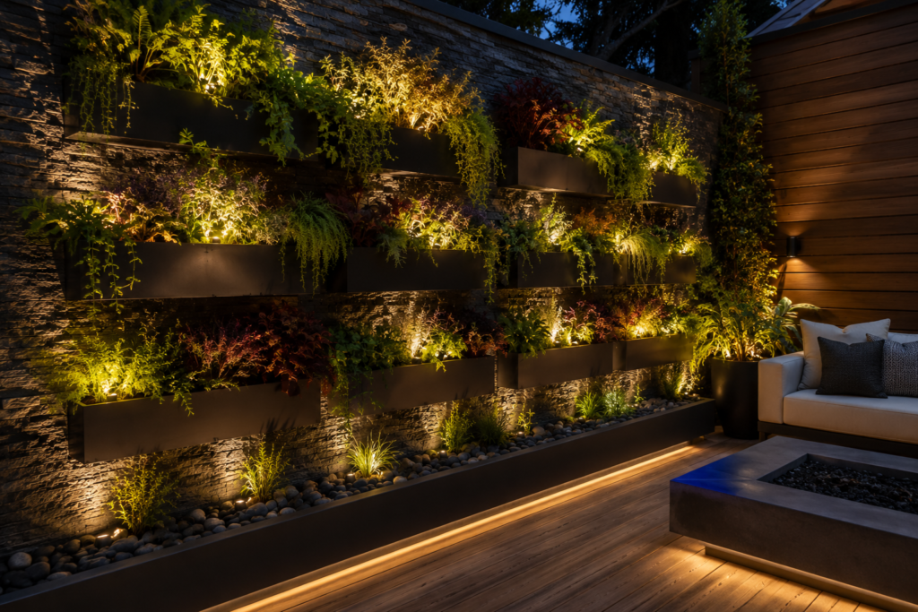 Wall Planter Ideas: Luxury backyard wall garden with integrated lighting, premium materials, and lush vertical greenery.
