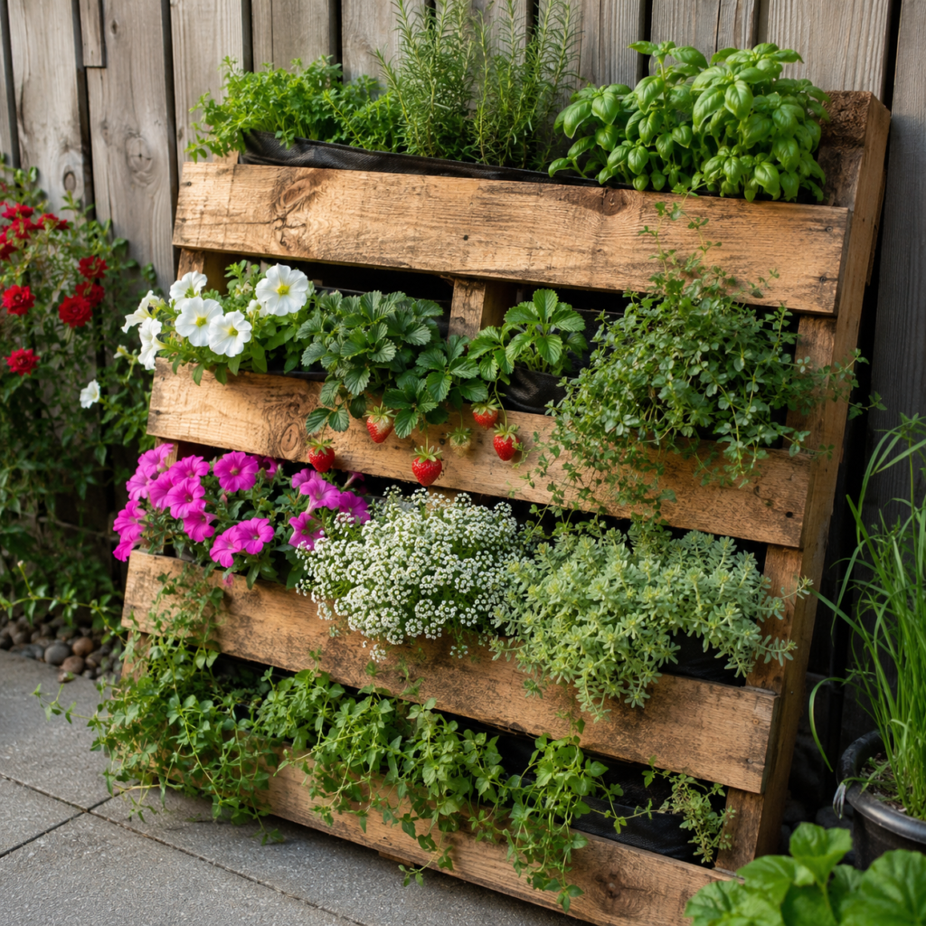 Vertical pallet planter filled with herbs, strawberries, and flowers.