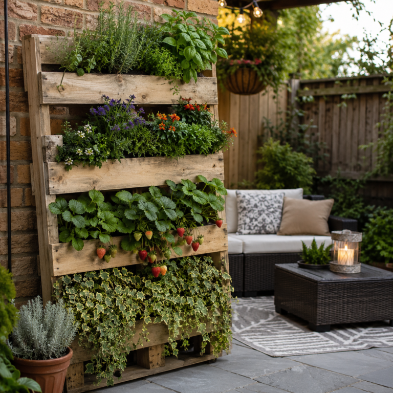 DIY pallet planter ideas with herbs and flowers in a small backyard patio.