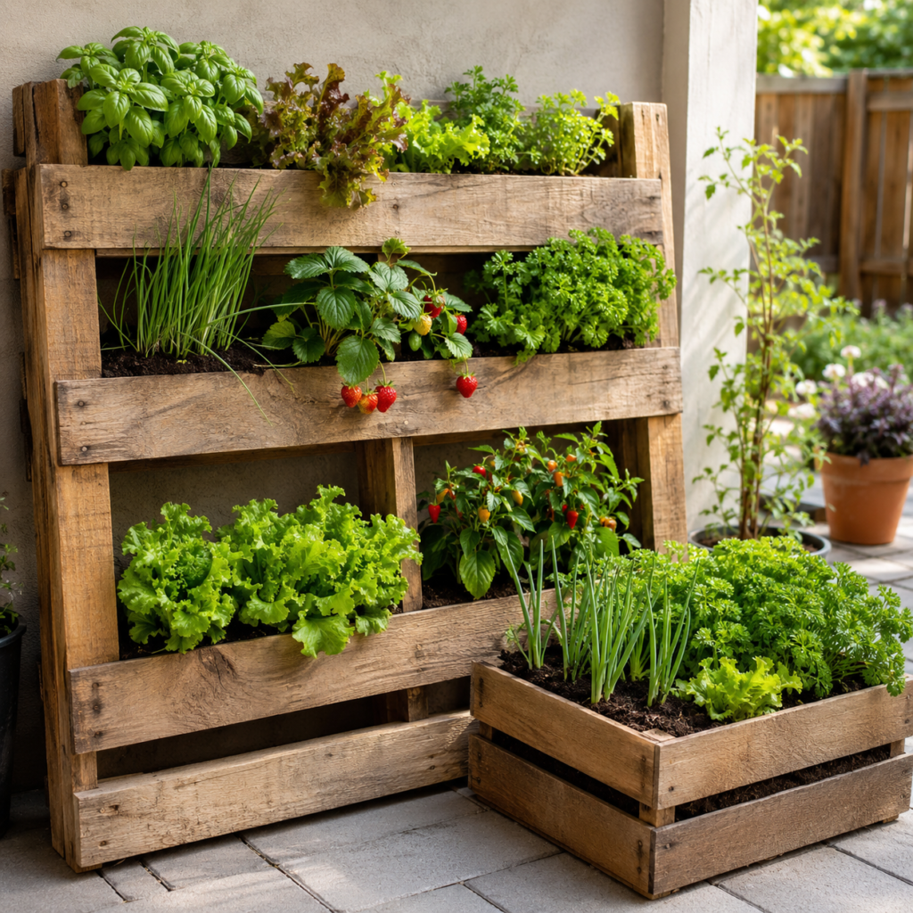 Pallet planter growing herbs, lettuce, strawberries, and compact vegetables.