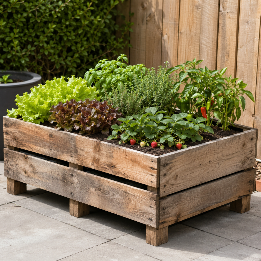 Raised pallet planter box growing herbs and compact vegetables.