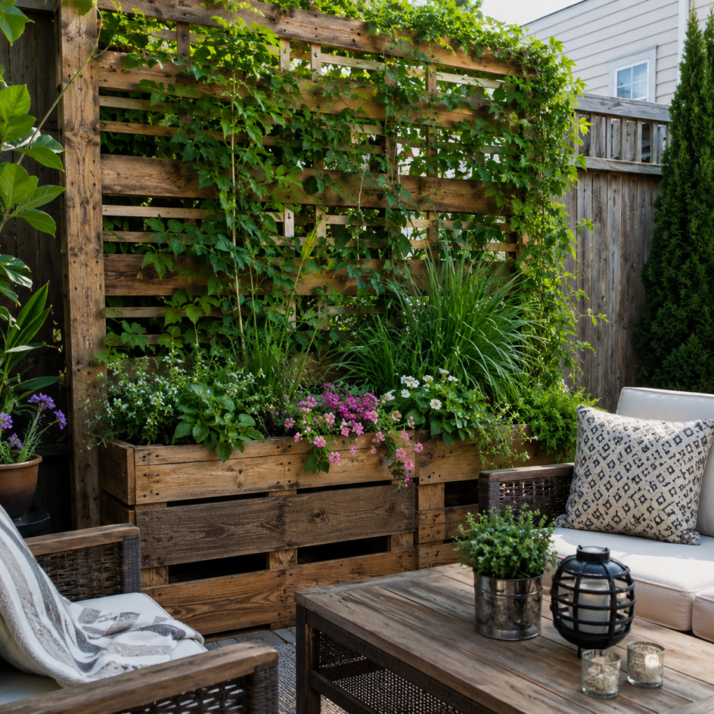 Pallet privacy planter with trellis behind backyard seating.