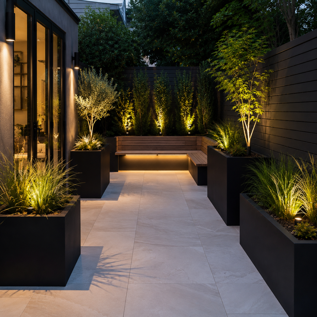 Modern backyard planter ideas with black geometric planters and minimalist landscaping