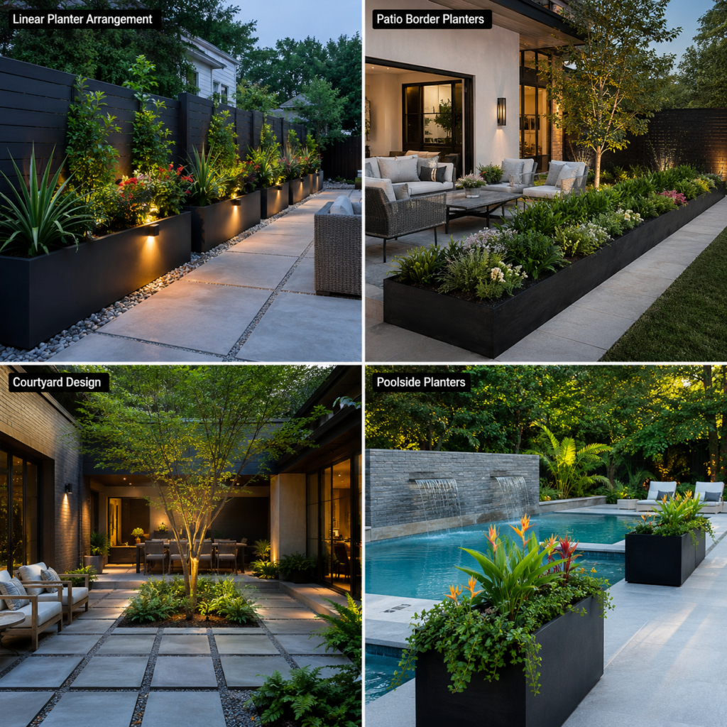 Modern backyard planter ideas with contemporary planter layouts and luxury landscaping