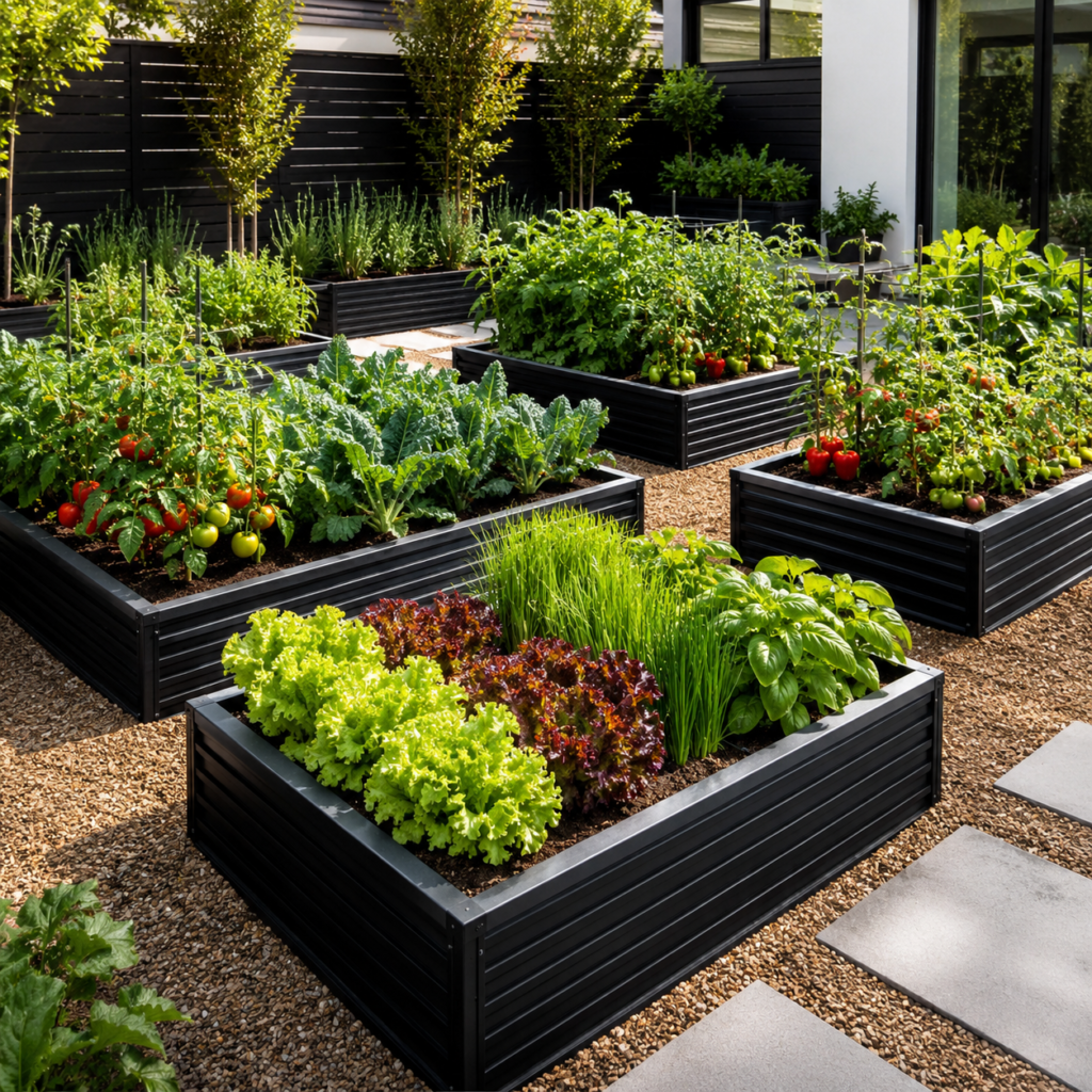Modern backyard planter ideas with black raised beds and edible garden design