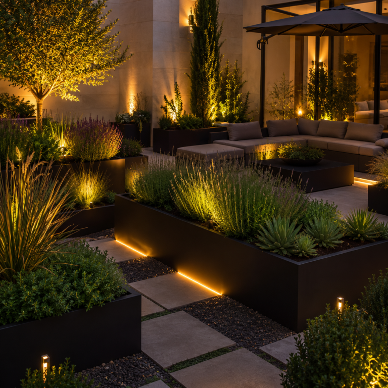 Modern backyard planter ideas with illuminated geometric planters and luxury outdoor seating