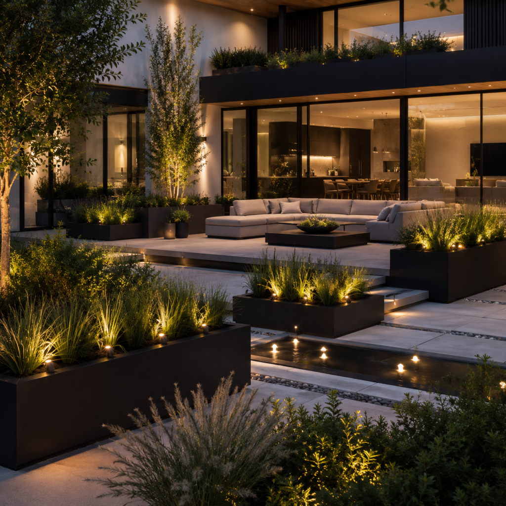 Modern backyard planter ideas with sleek black planters and contemporary luxury landscaping