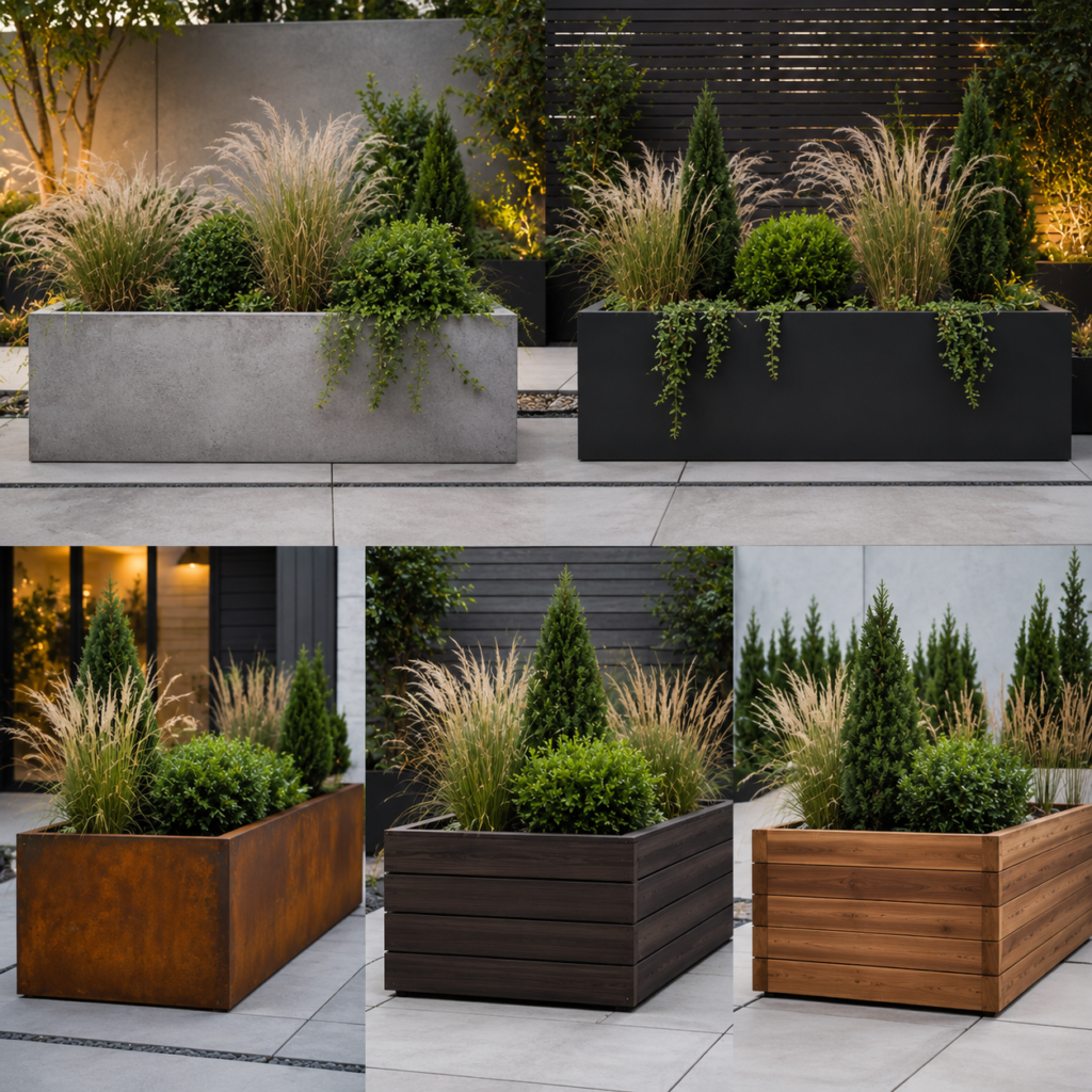 Modern backyard planter ideas comparing concrete, steel, composite, corten, and cedar planters