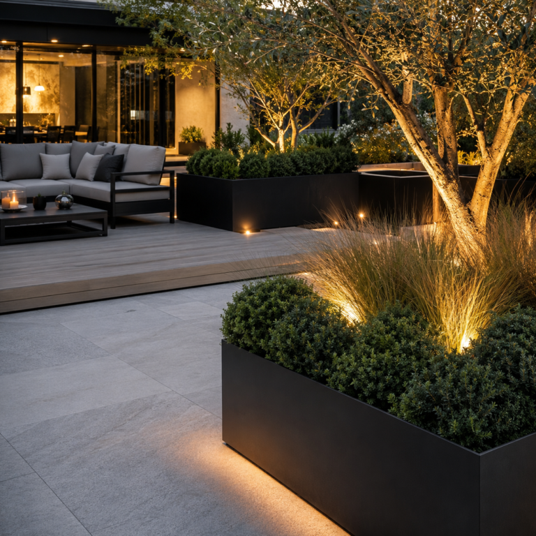 Luxury backyard with matte black geometric planters and ornamental grasses – Black Planter Ideas.