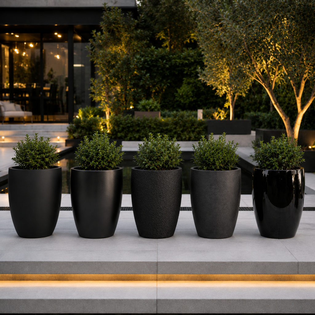 Black planter finish comparison in a modern luxury garden – Black Planter Ideas.