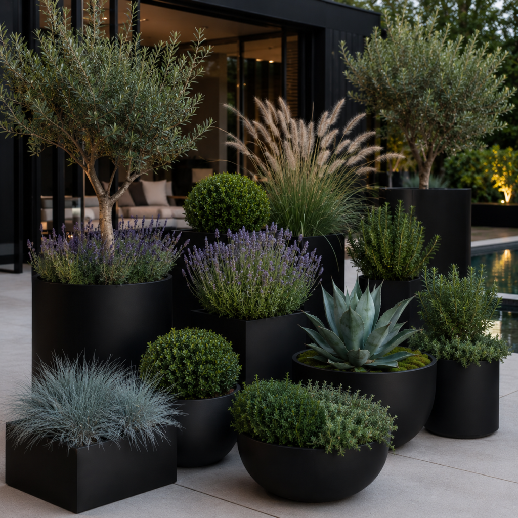 Black planters with ornamental grasses, olive trees, and shrubs – Black Planter Ideas.