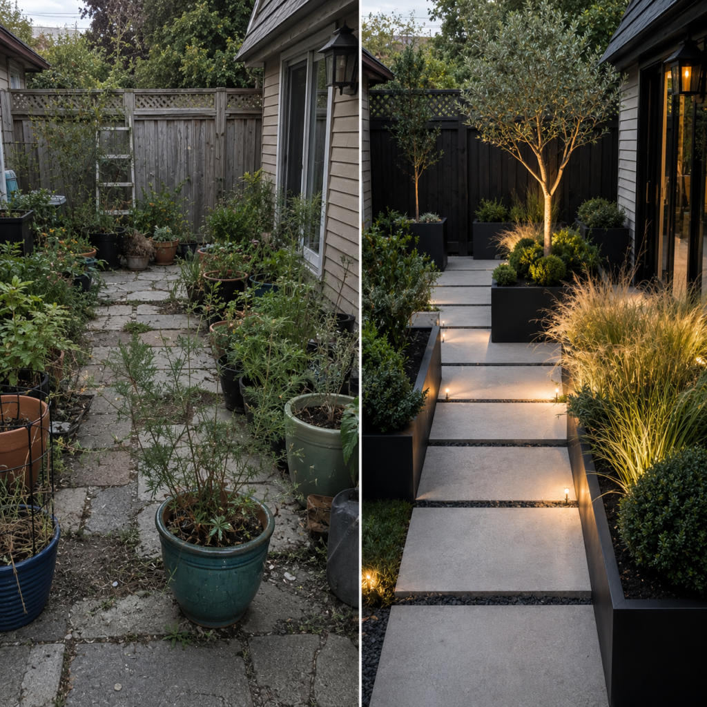 Small backyard makeover with modern black planters – Black Planter Ideas.