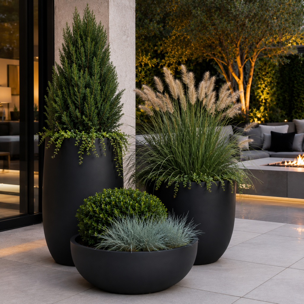 Grouped black planters with grasses and shrubs on a modern patio – Black Planter Ideas.