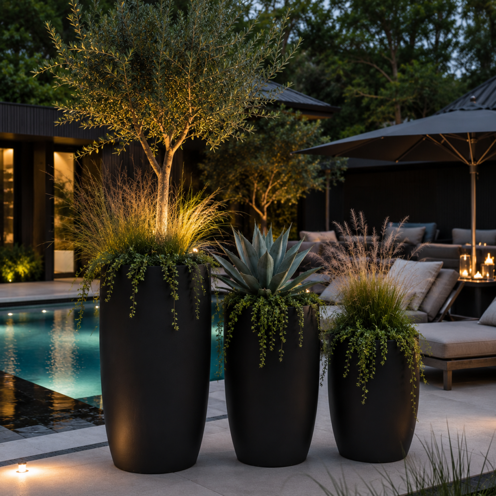 Luxury poolside black planters with olive trees and grasses – Black Planter Ideas.