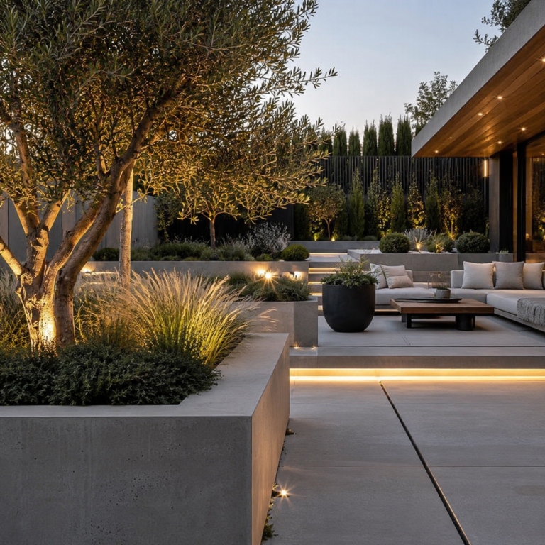 Concrete backyard planter ideas in a modern luxury landscape.