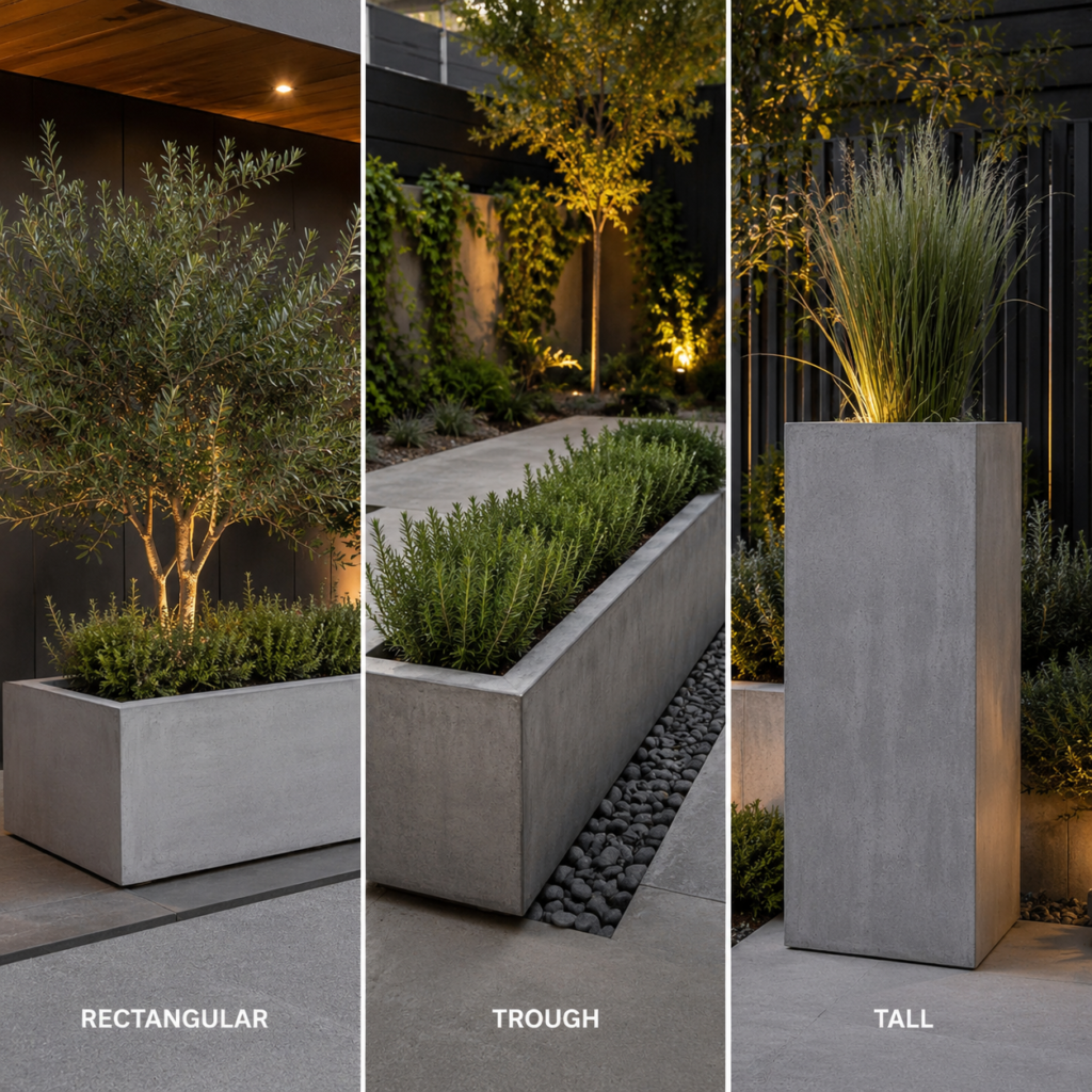 Concrete backyard planter ideas with different planter styles.