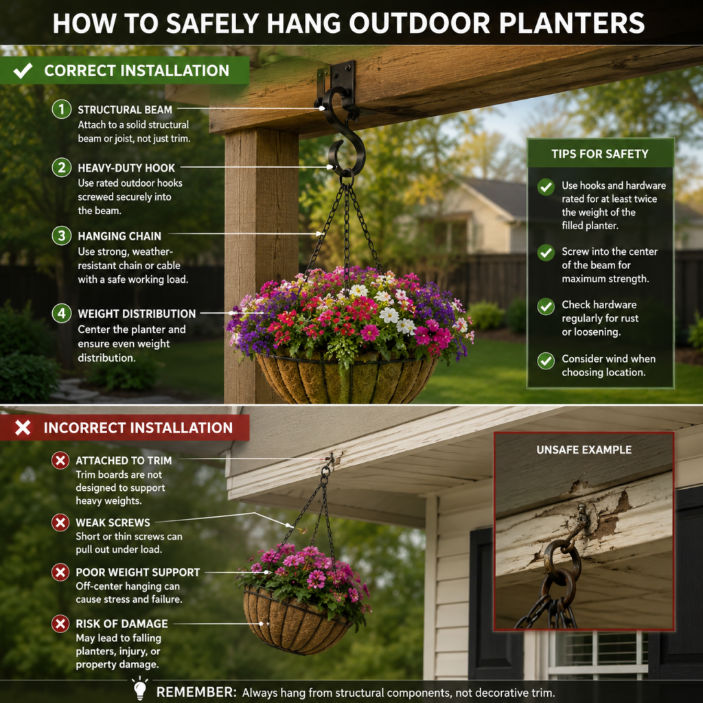 Hanging Backyard Planter Ideas infographic showing safe outdoor hanging basket installation and support methods.