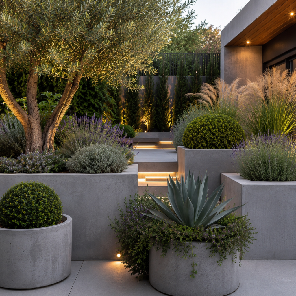 Concrete Backyard Planter Ideas with olive trees, lavender, agave, grasses, and boxwood.