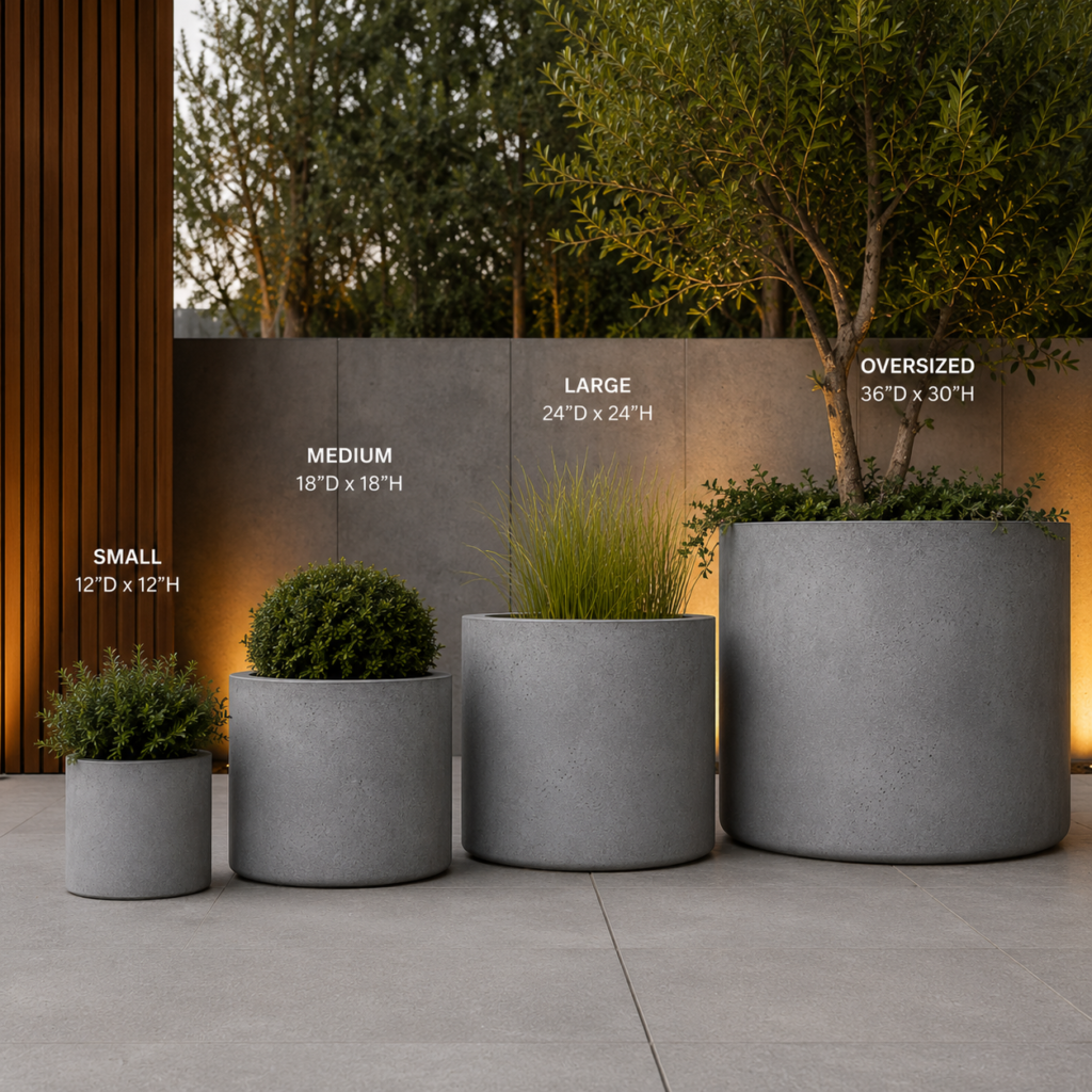 Concrete Backyard Planter Ideas showing small, medium, large, and oversized concrete planters.