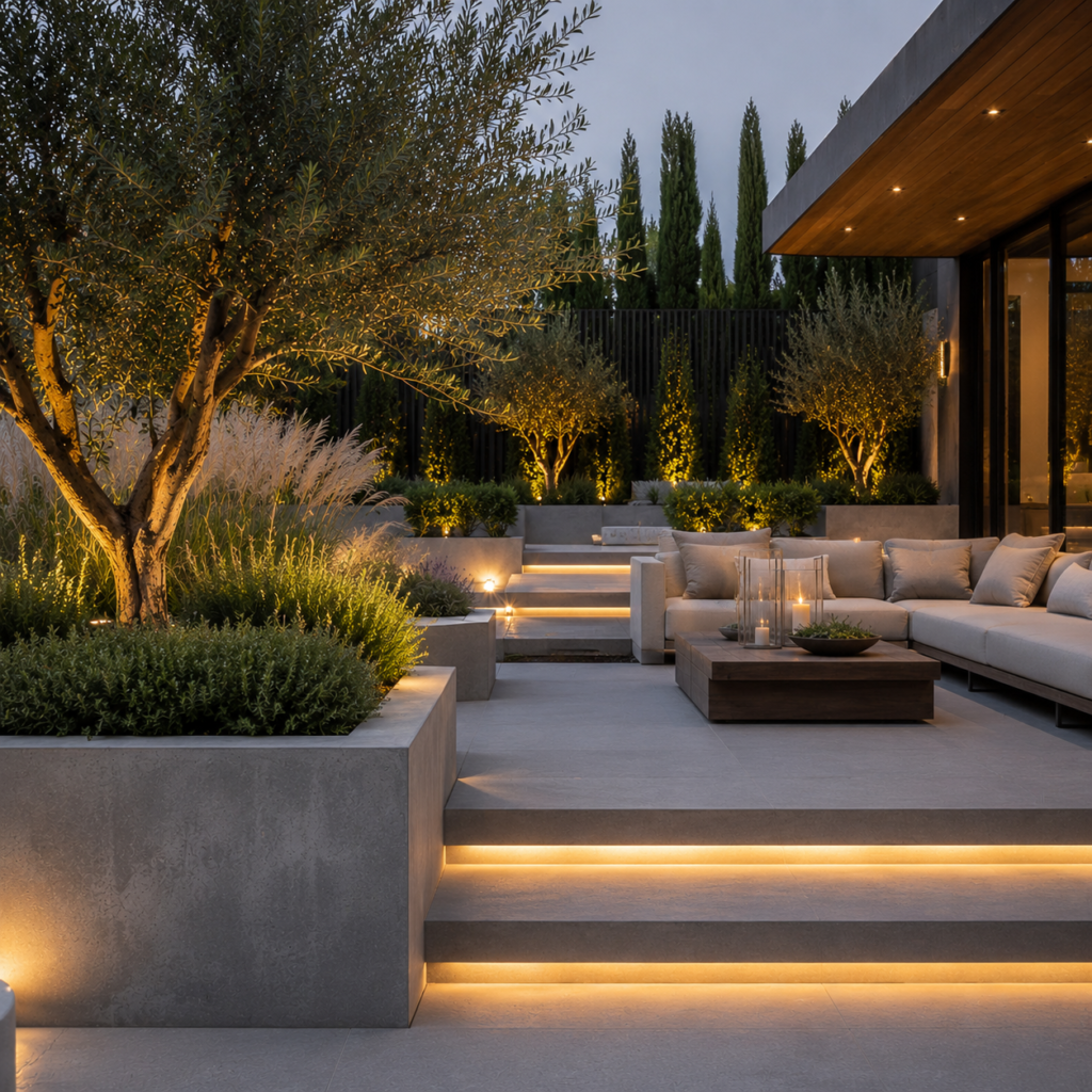 Concrete Backyard Planter Ideas with oversized concrete planters, olive trees, and warm landscape lighting.