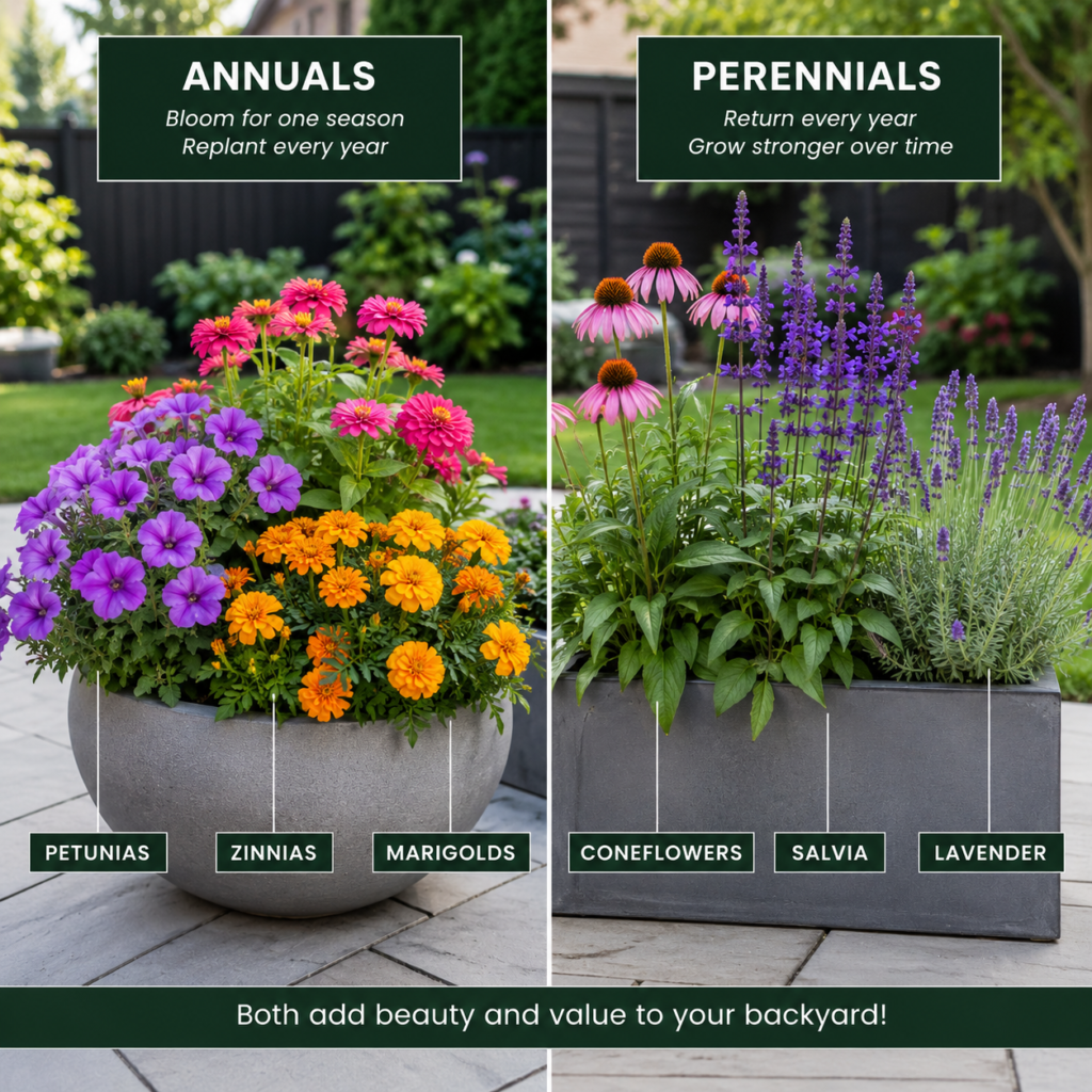 Flower Backyard Planter Ideas: Annual vs Perennial Flower Comparison.