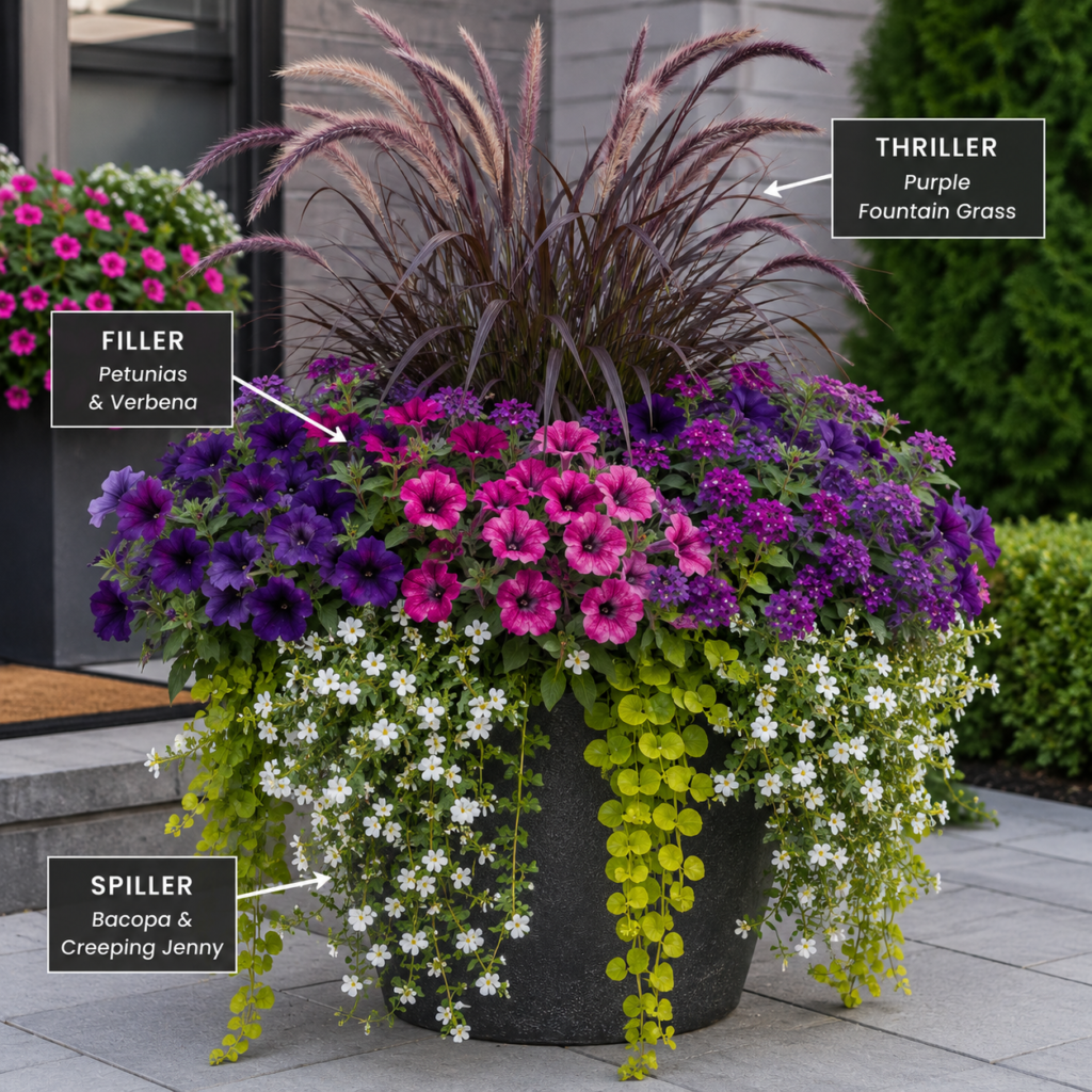 Flower Backyard Planter Ideas Using the Thriller Filler Spiller Method.