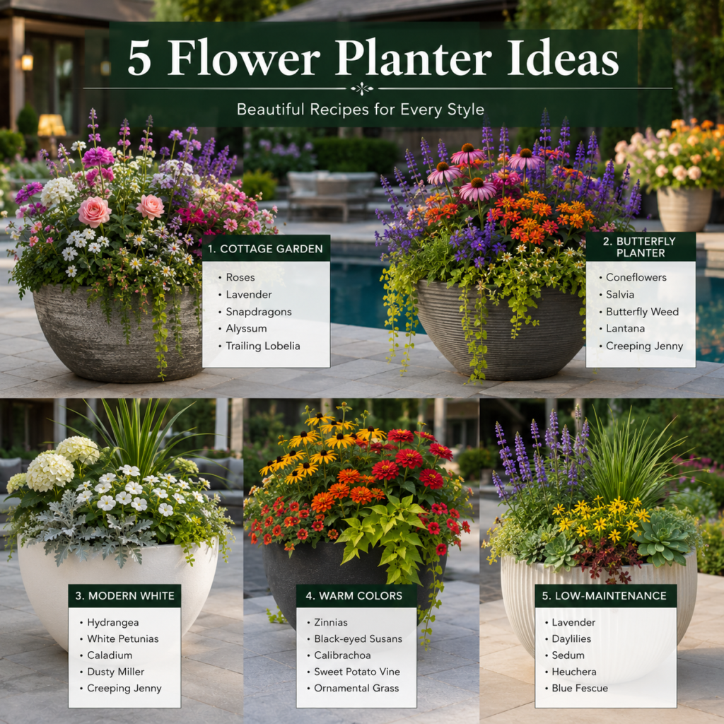 Flower Backyard Planter Ideas with Five Creative Planter Recipes.