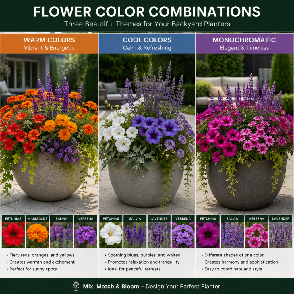 Flower Backyard Planter Ideas with Warm, Cool, and Monochromatic Color Schemes.