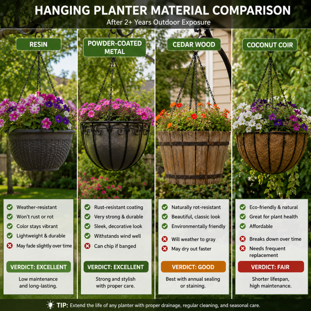 Hanging Backyard Planter Ideas comparing resin, metal, cedar, and coconut coir hanging planters outdoors.