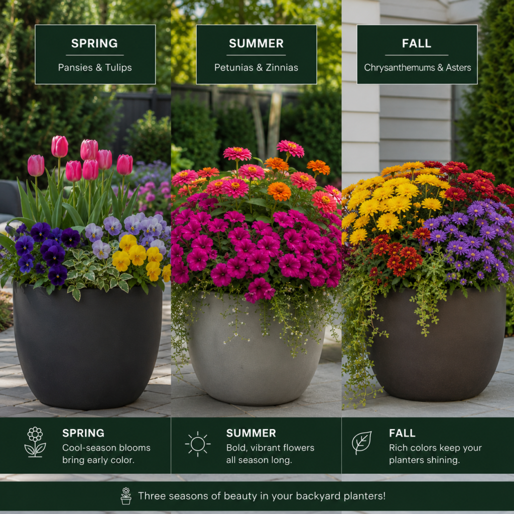 Flower Backyard Planter Ideas for Spring, Summer, and Fall Blooms.
