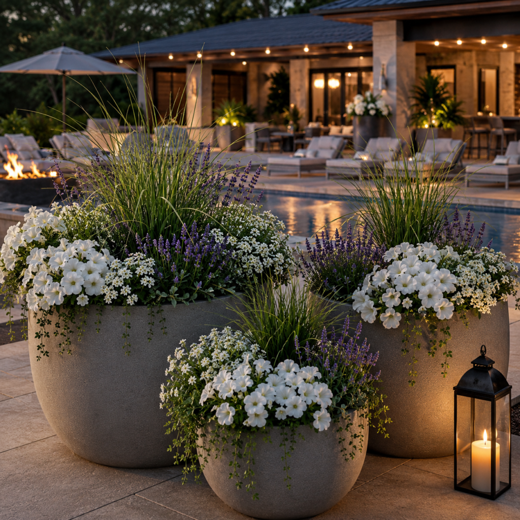 Flower Backyard Planter Ideas with Luxury White Blooms and Concrete Planters.