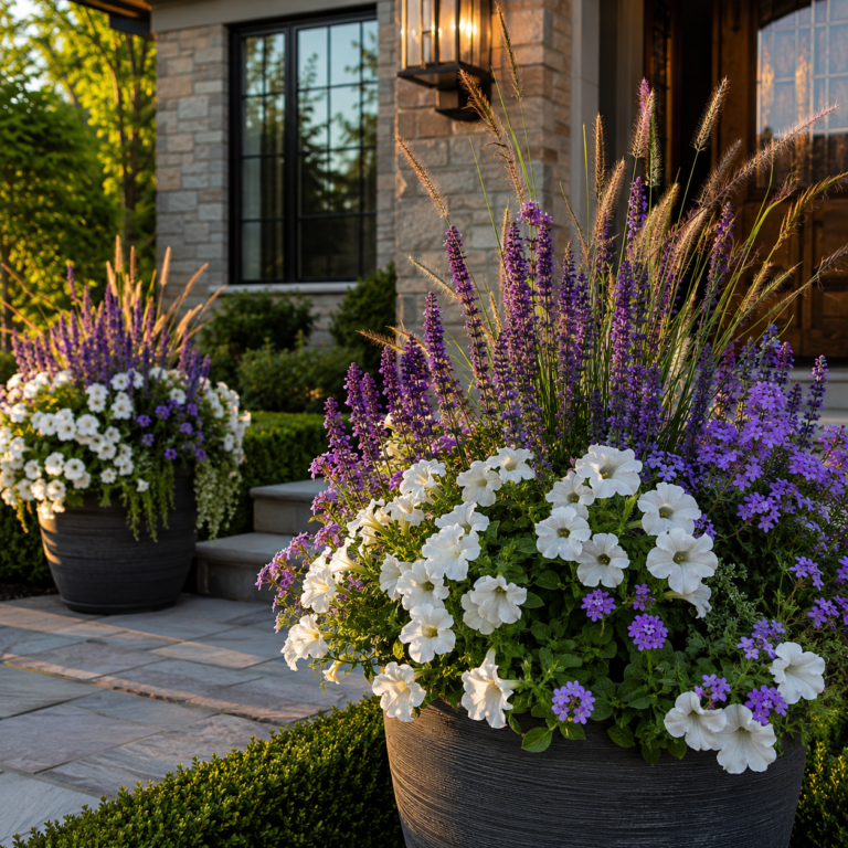 Front Yard Flower Planter Ideas with luxury flower planters framing a home entrance.