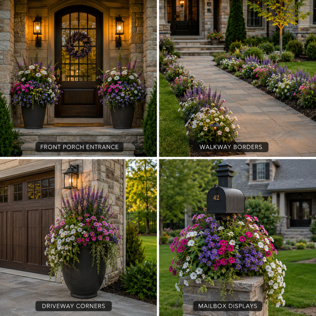 Front Yard Flower Planter Ideas showing porch, walkway, driveway, and mailbox flower displays.